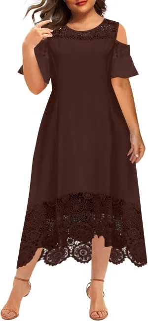 Cold Shoulder Dresses for Women Plus Size Floral Lace Hem Gowns Dress Short Sleeve Crewneck Cocktail Formal Dress