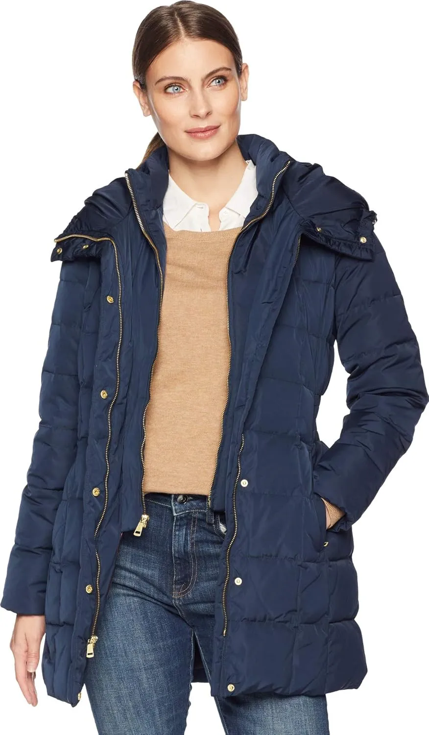 Cole Haan Women's Taffeta Down Coat with Bib Front and Dramatic Hood