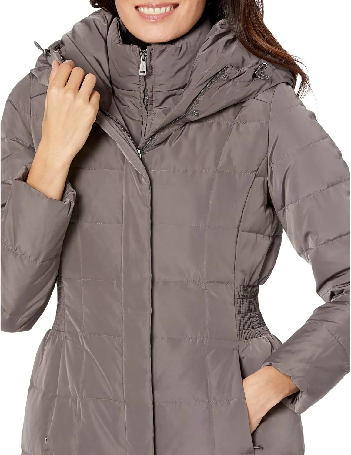 Cole Haan Women's Taffeta Down Coat with Bib Front and Dramatic Hood