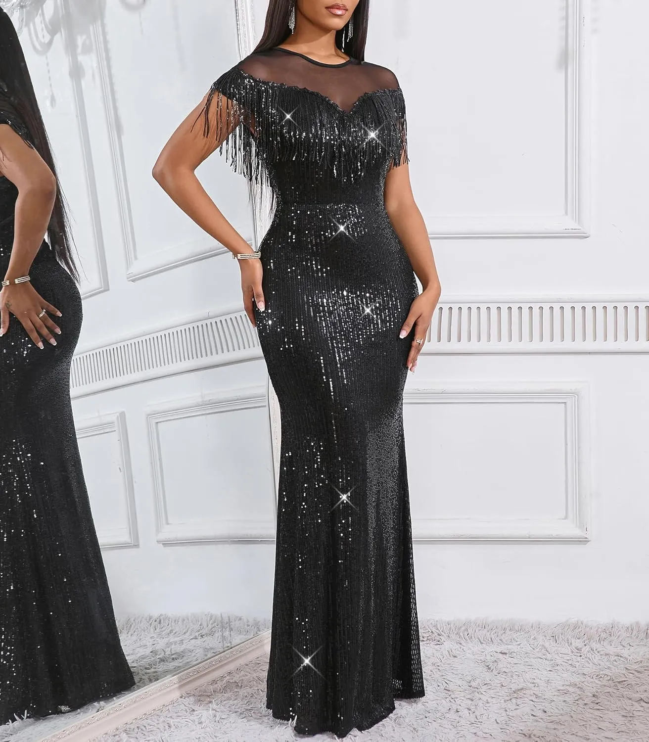 Cololura Sexy Sequin Tassel Mesh Perspective Party Cocktail Bodycon Evening Club Maxi Dress