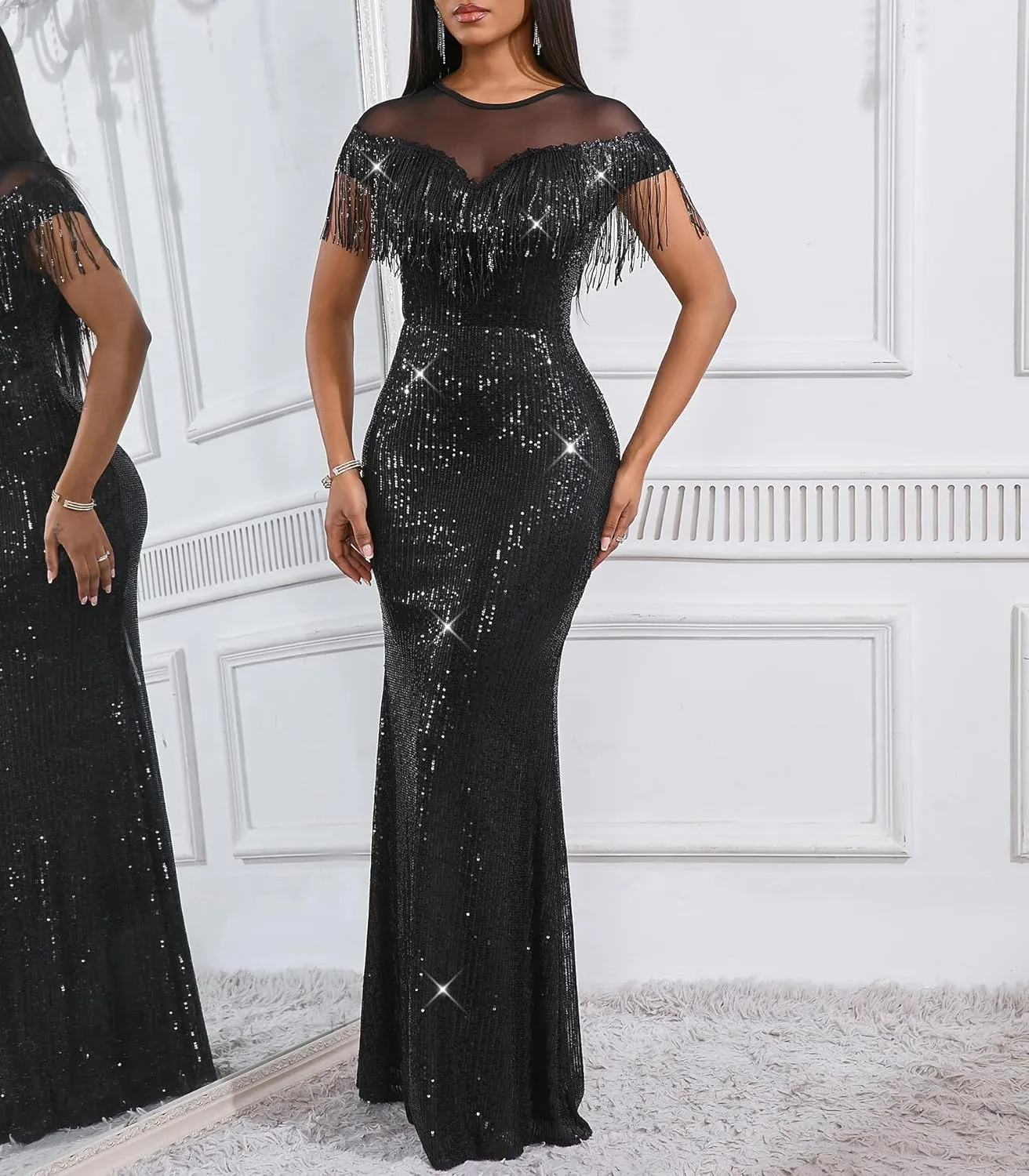 Cololura Sexy Sequin Tassel Mesh Perspective Party Cocktail Bodycon Evening Club Maxi Dress