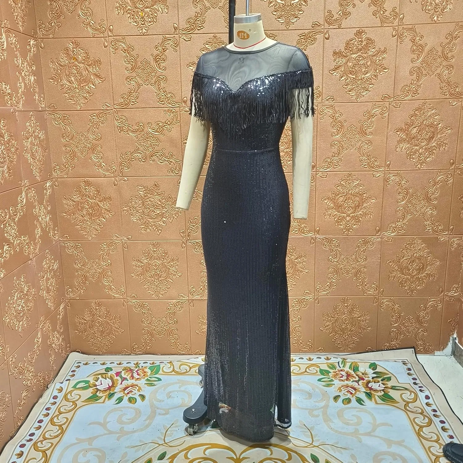 Cololura Sexy Sequin Tassel Mesh Perspective Party Cocktail Bodycon Evening Club Maxi Dress