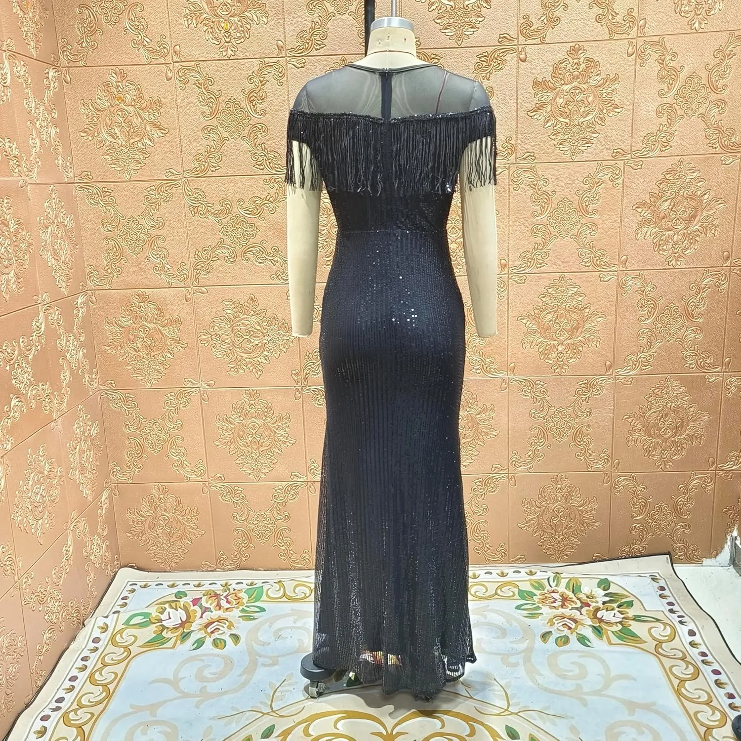 Cololura Sexy Sequin Tassel Mesh Perspective Party Cocktail Bodycon Evening Club Maxi Dress