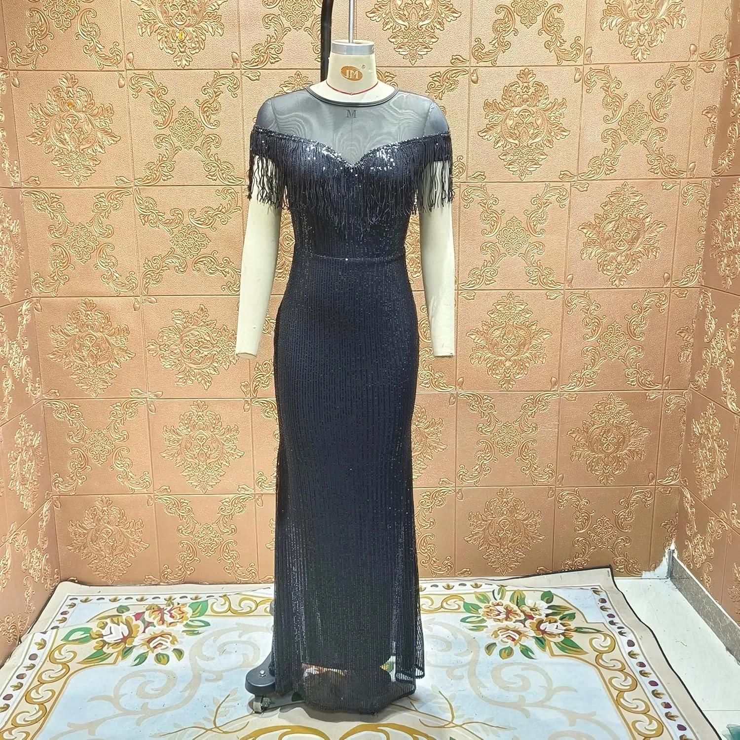 Cololura Sexy Sequin Tassel Mesh Perspective Party Cocktail Bodycon Evening Club Maxi Dress