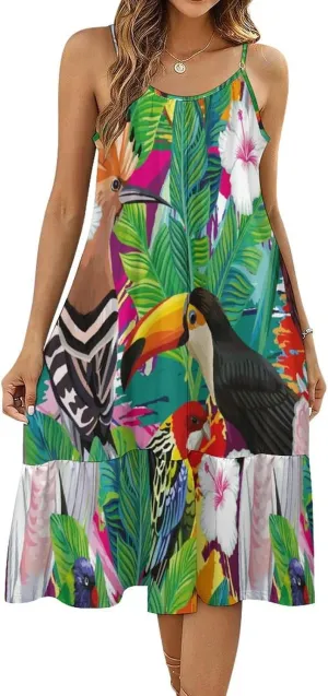Composition of Tropical Bird Toucan Women's Maxi Dress Summer Casual Sleeveless Spaghetti Strap Sundress