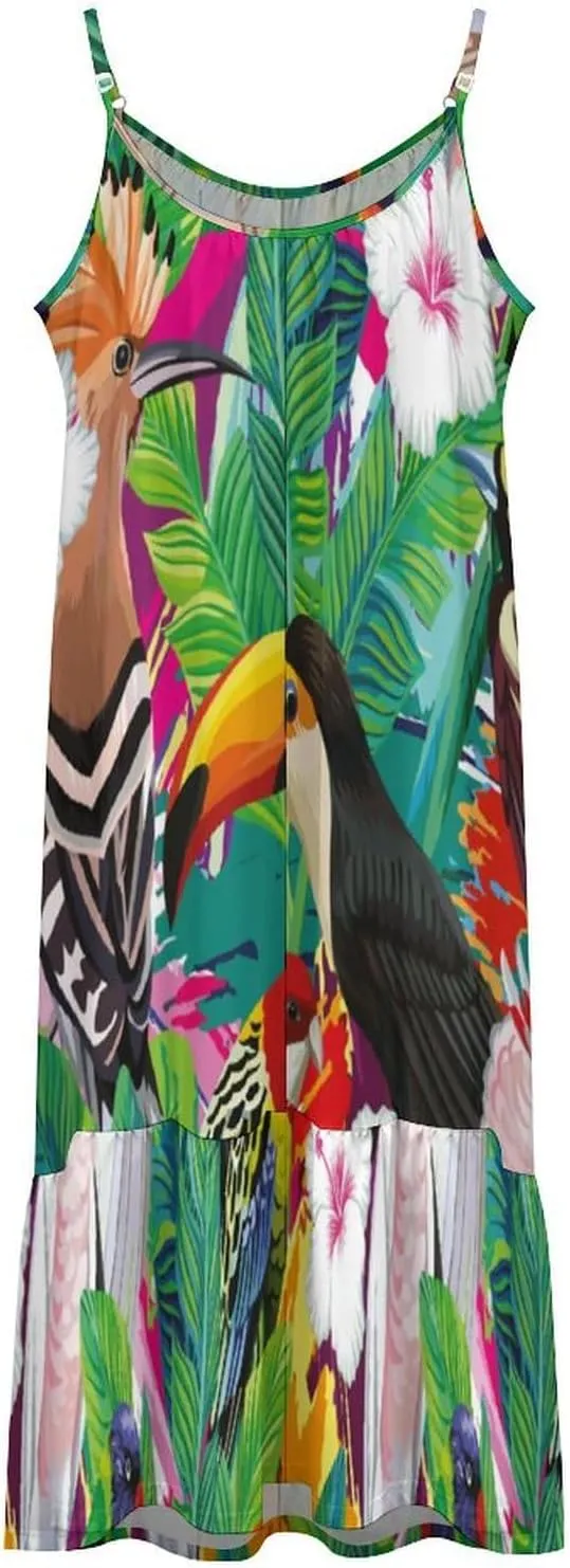 Composition of Tropical Bird Toucan Women's Maxi Dress Summer Casual Sleeveless Spaghetti Strap Sundress