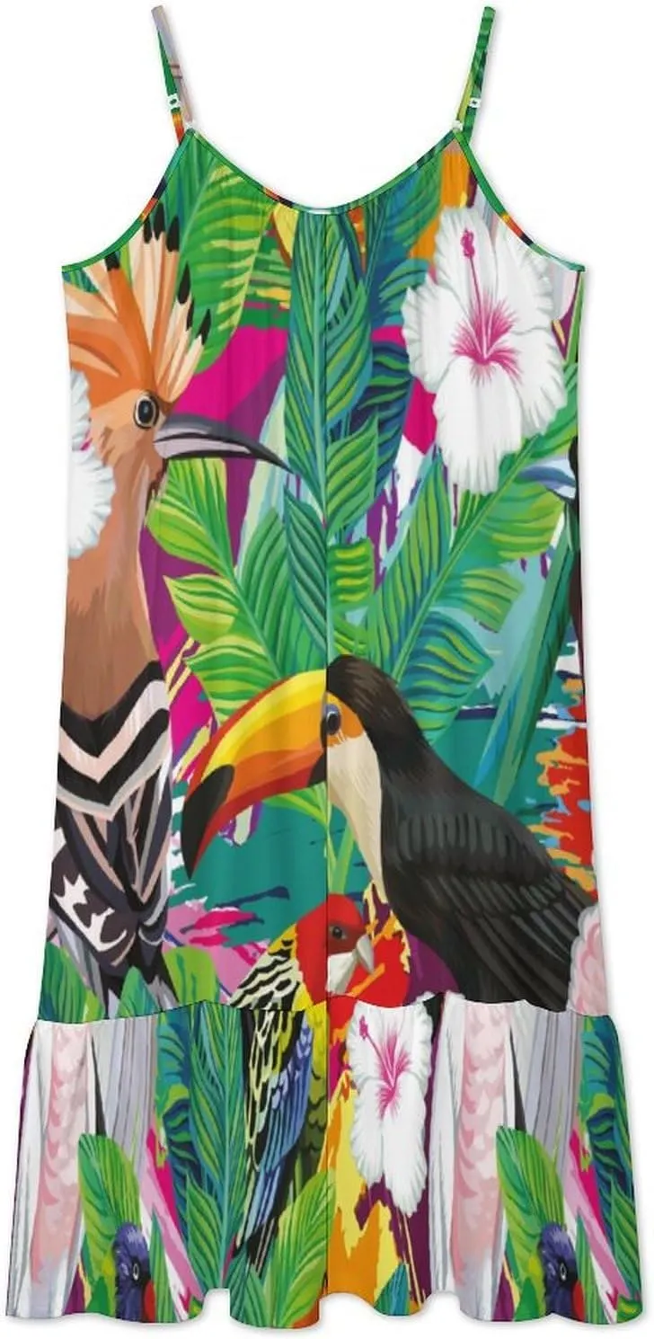 Composition of Tropical Bird Toucan Women's Maxi Dress Summer Casual Sleeveless Spaghetti Strap Sundress