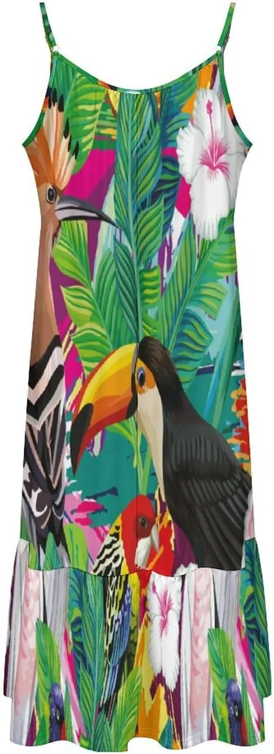 Composition of Tropical Bird Toucan Women's Maxi Dress Summer Casual Sleeveless Spaghetti Strap Sundress