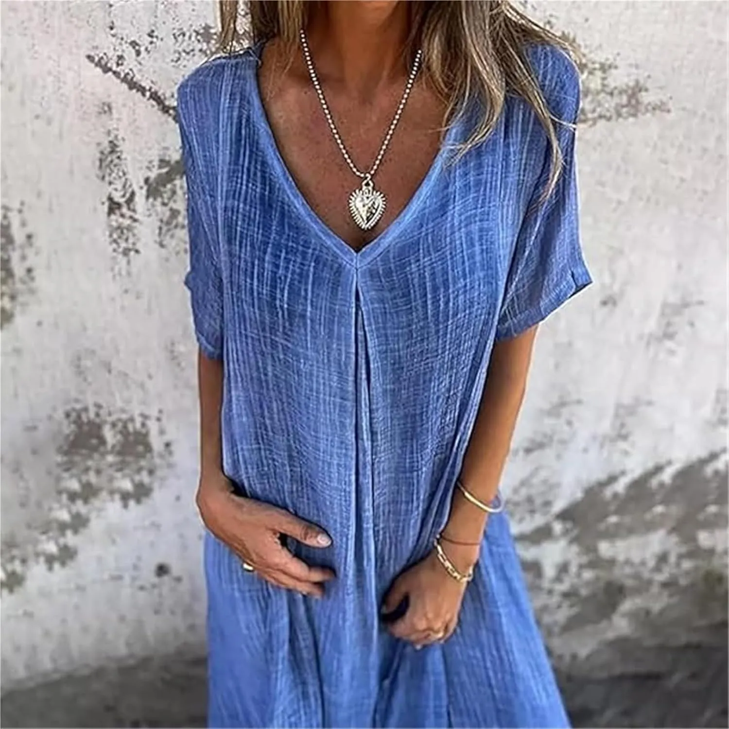 Cotton and Linen V-Neck Midi Dress Summer Midi Dresses for Women V-Neck T-Shirt Dresses Plus Size Flowy Beach Dress