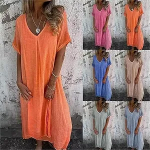 Cotton and Linen V-Neck Midi Dress Summer Midi Dresses for Women V-Neck T-Shirt Dresses Plus Size Flowy Beach Dress