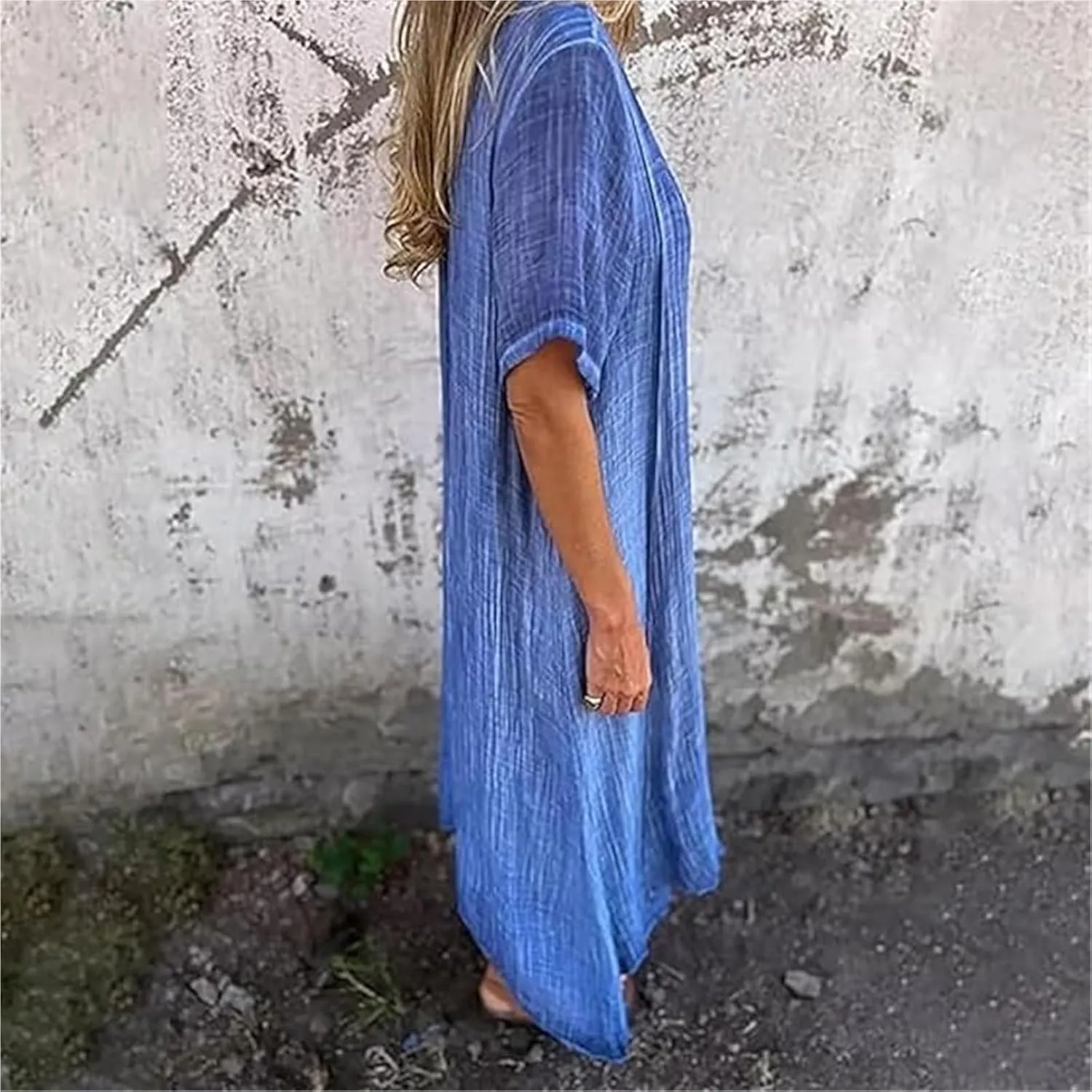 Cotton and Linen V-Neck Midi Dress Summer Midi Dresses for Women V-Neck T-Shirt Dresses Plus Size Flowy Beach Dress