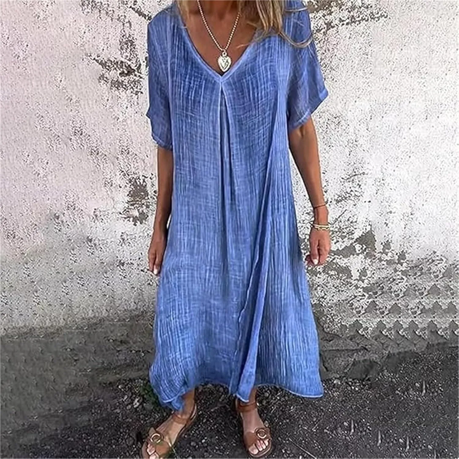 Cotton and Linen V-Neck Midi Dress Summer Midi Dresses for Women V-Neck T-Shirt Dresses Plus Size Flowy Beach Dress