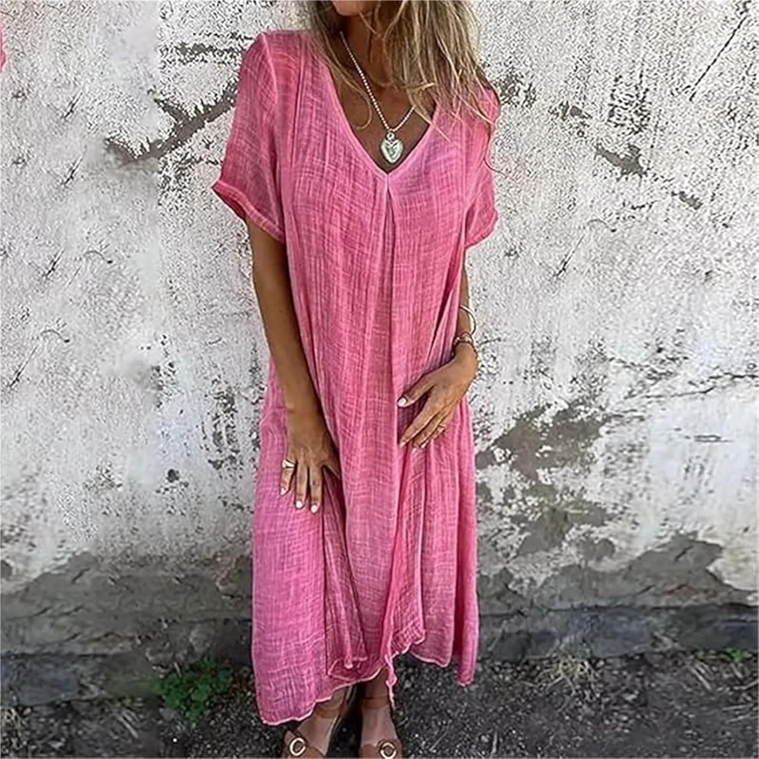 Cotton and Linen V-Neck Midi Dress Summer Midi Dresses for Women V-Neck T-Shirt Dresses Plus Size Flowy Beach Dress