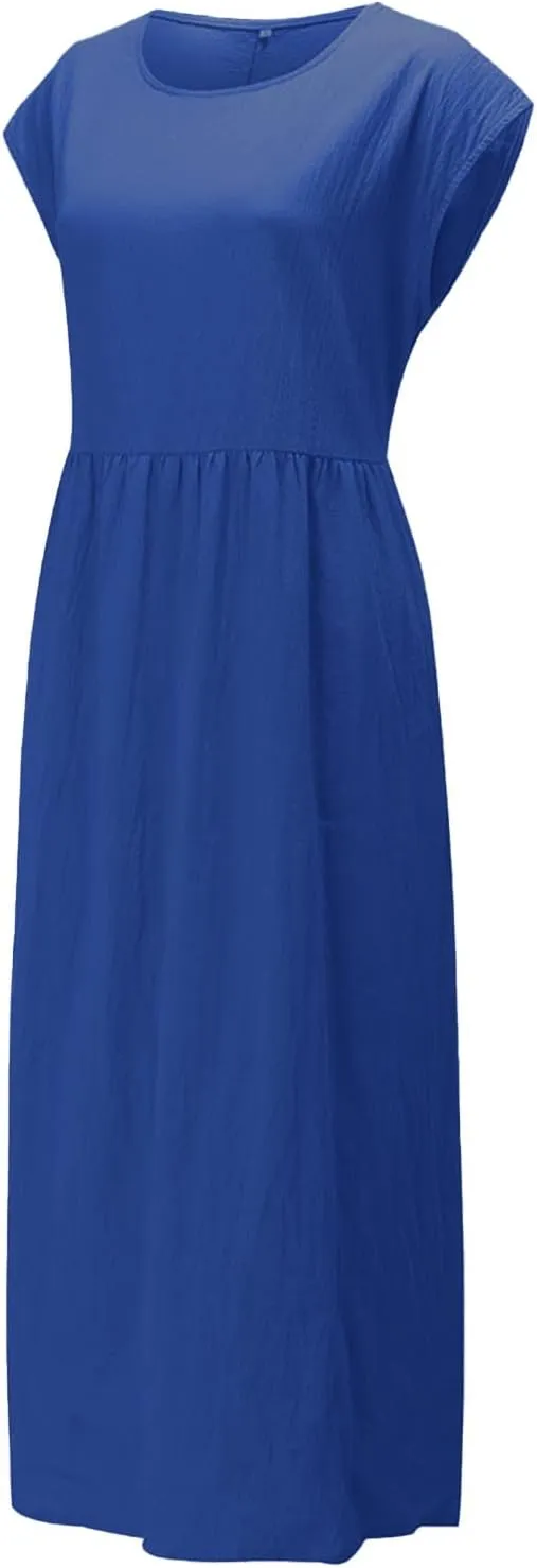 Cotton Dresses for Women 2024 Summer Linen Causal Maxi Shirt Dress Ladies Short Sleeve T-Shirt Sundress with Pockets