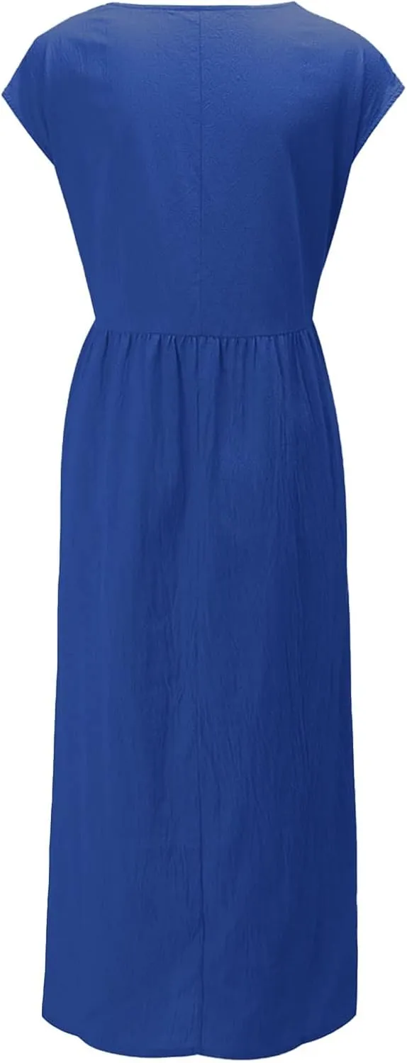 Cotton Dresses for Women 2024 Summer Linen Causal Maxi Shirt Dress Ladies Short Sleeve T-Shirt Sundress with Pockets
