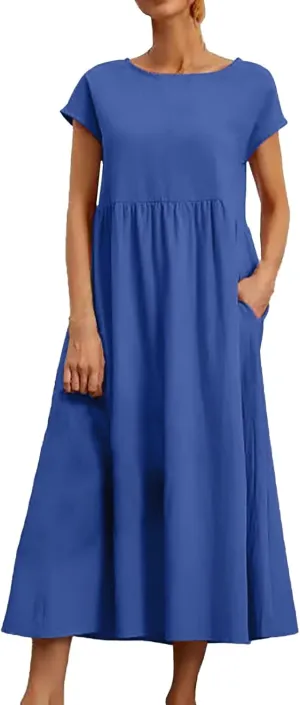 Cotton Dresses for Women 2024 Summer Linen Causal Maxi Shirt Dress Ladies Short Sleeve T-Shirt Sundress with Pockets