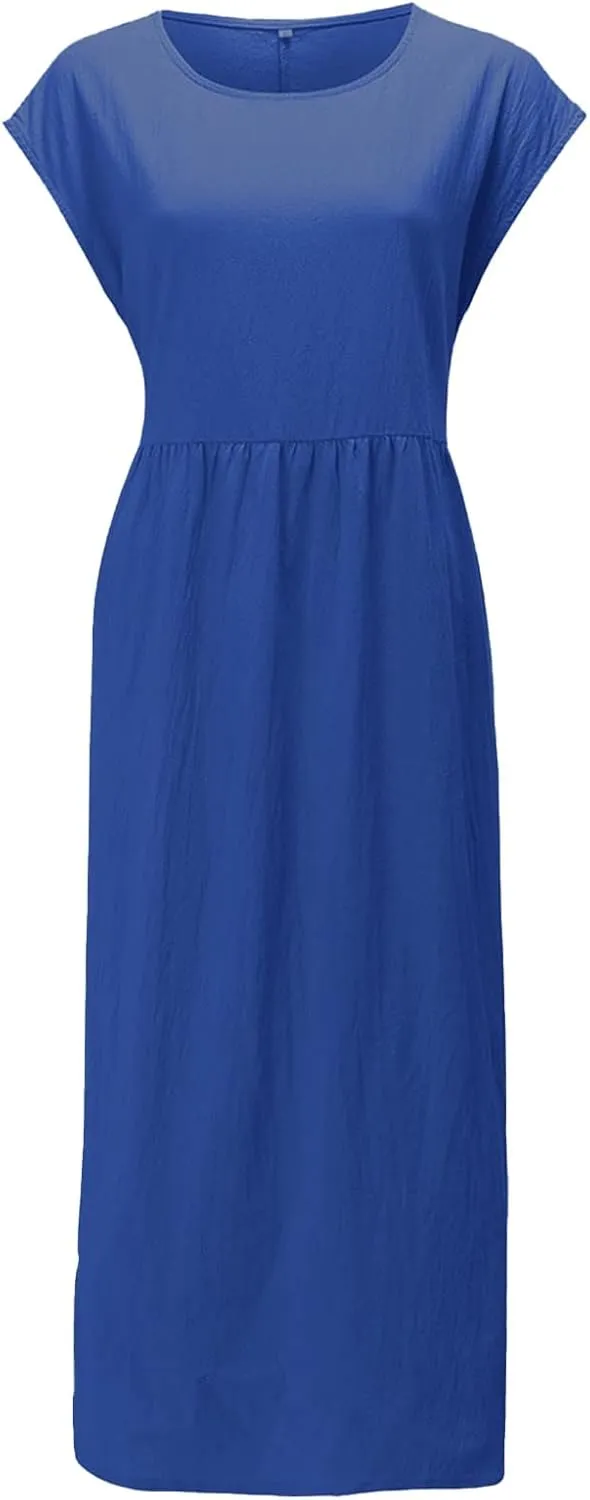 Cotton Dresses for Women 2024 Summer Linen Causal Maxi Shirt Dress Ladies Short Sleeve T-Shirt Sundress with Pockets