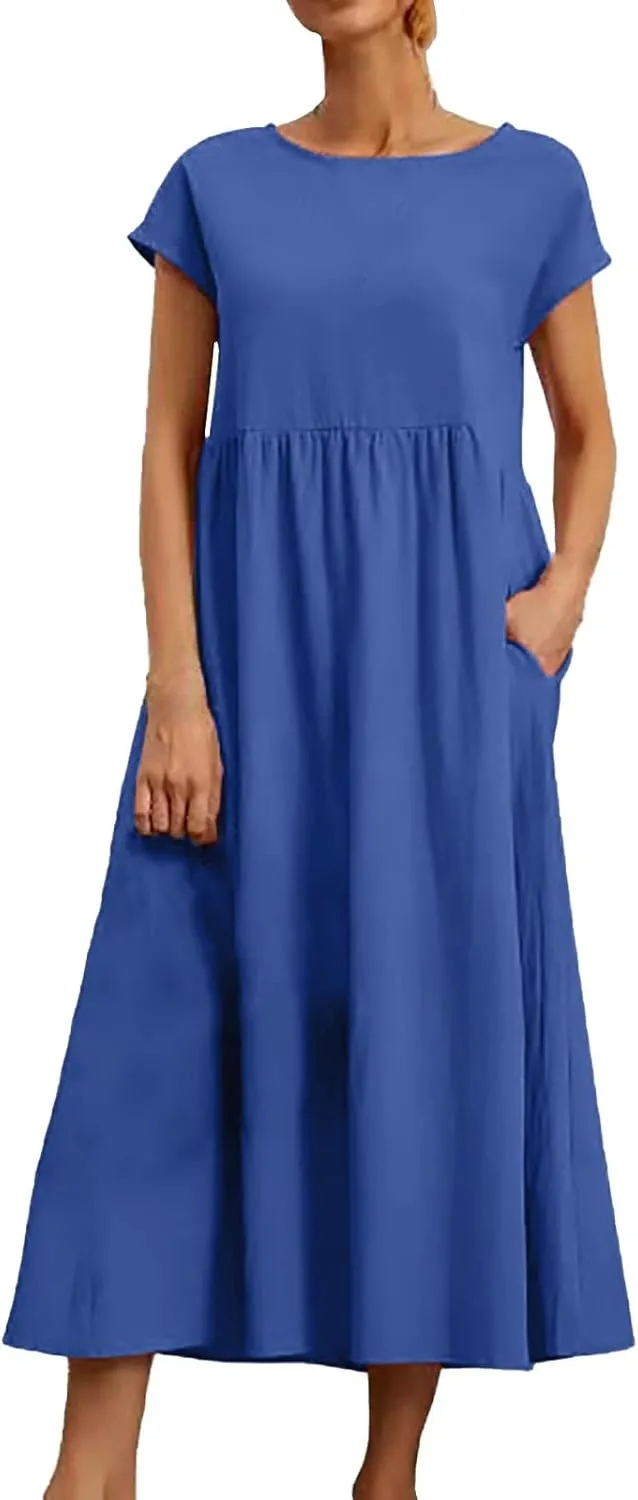 Cotton Dresses for Women 2024 Summer Linen Causal Maxi Shirt Dress Ladies Short Sleeve T-Shirt Sundress with Pockets