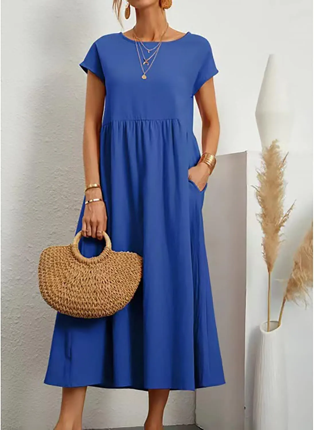 Cotton Dresses for Women 2024 Summer Linen Causal Maxi Shirt Dress Ladies Short Sleeve T-Shirt Sundress with Pockets