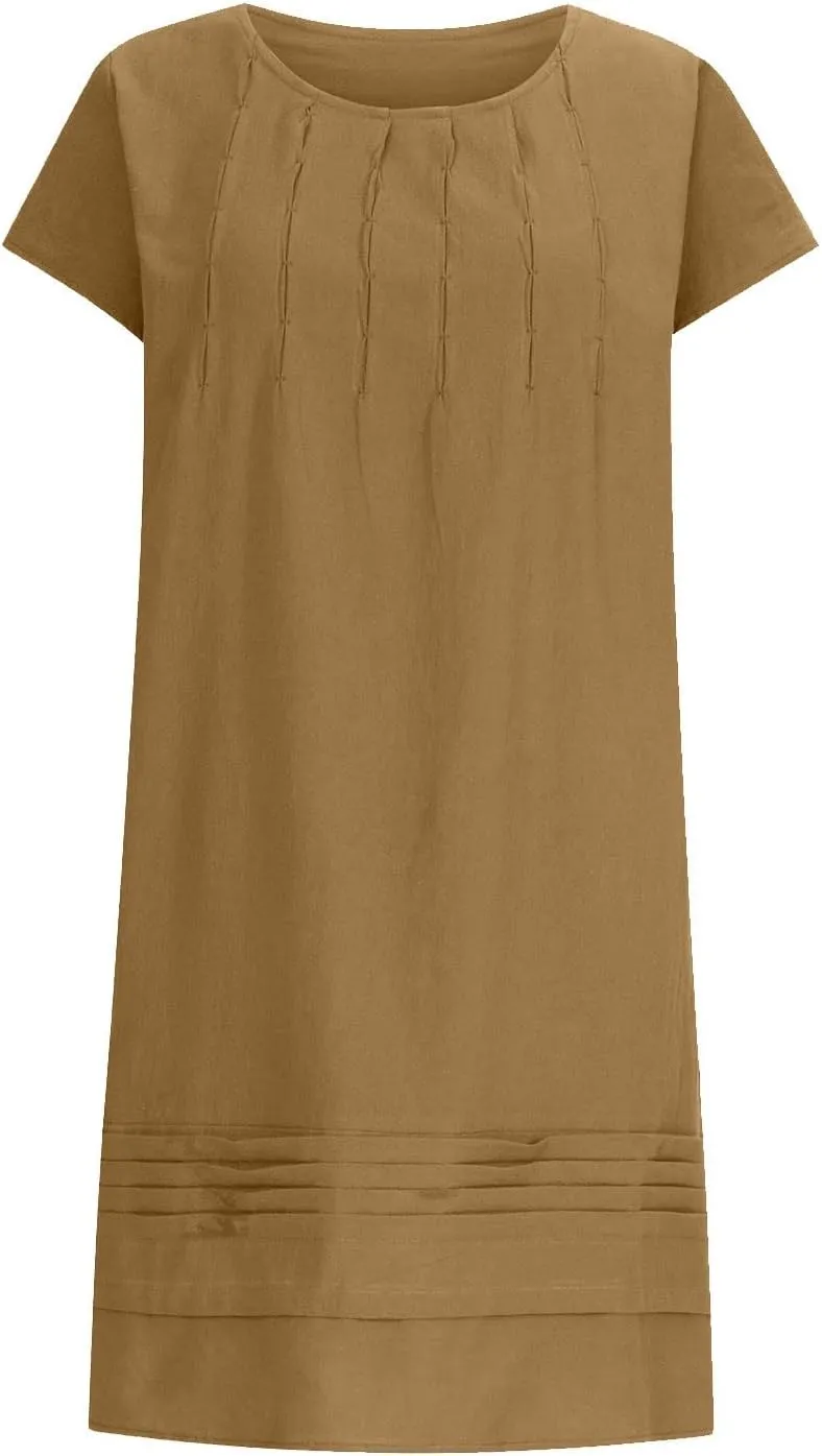 Cotton Linen Dresses for Women 2025 Cap Sleeve Pleated Midi Dress Summer Crew Neck Casual Dress 2025 Beach Dresses