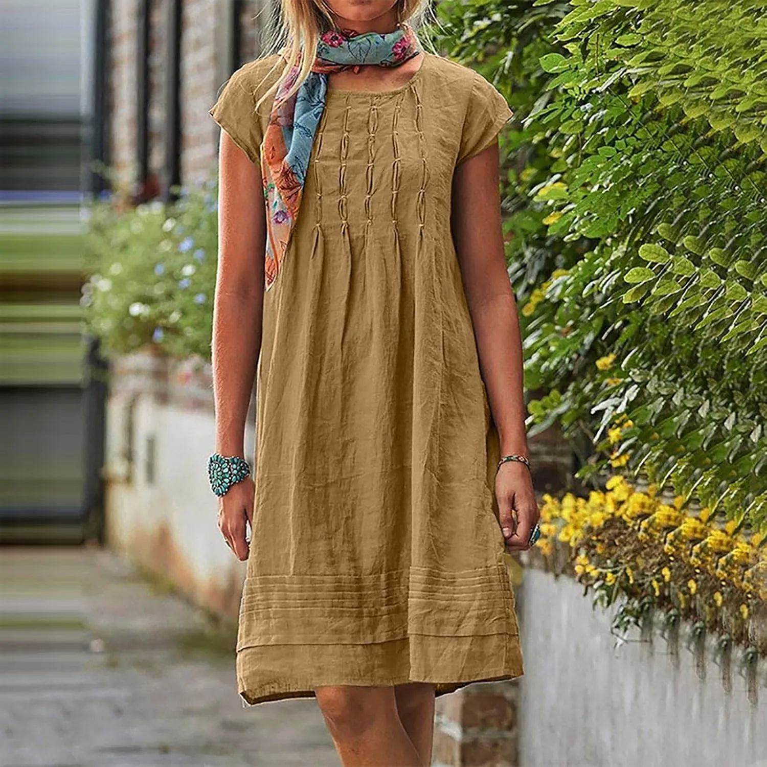 Cotton Linen Dresses for Women 2025 Cap Sleeve Pleated Midi Dress Summer Crew Neck Casual Dress 2025 Beach Dresses