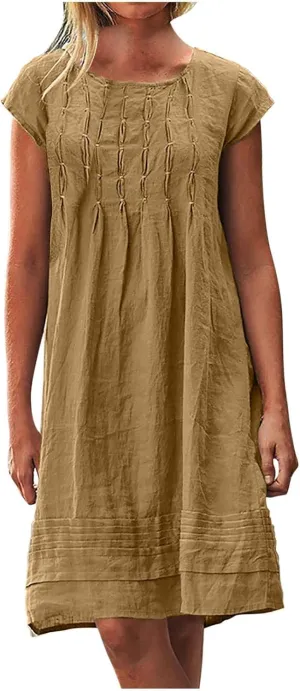 Cotton Linen Dresses for Women 2025 Cap Sleeve Pleated Midi Dress Summer Crew Neck Casual Dress 2025 Beach Dresses