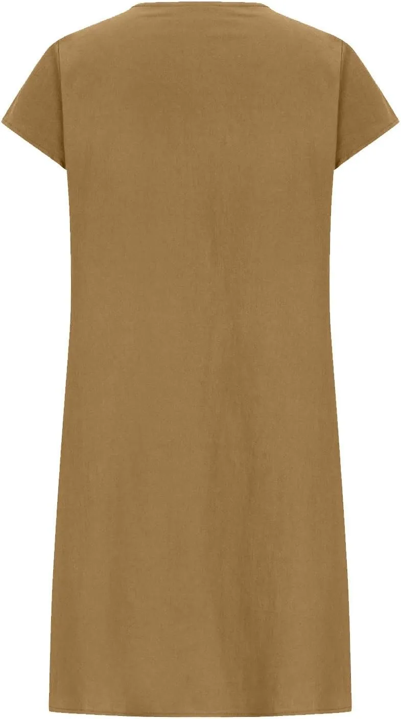Cotton Linen Dresses for Women 2025 Cap Sleeve Pleated Midi Dress Summer Crew Neck Casual Dress 2025 Beach Dresses