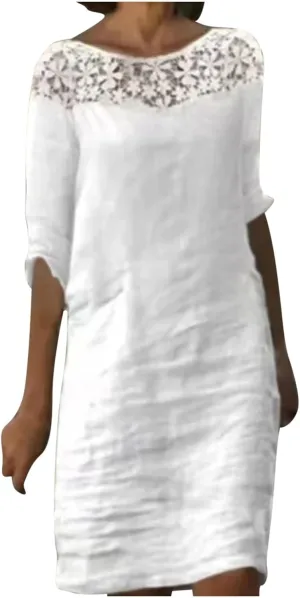 Cotton Linen Dresses for Womens 2024 Trendy Summer Casual Loose Short Sleeve Midi Dress Elegant Lace Beach Sundress