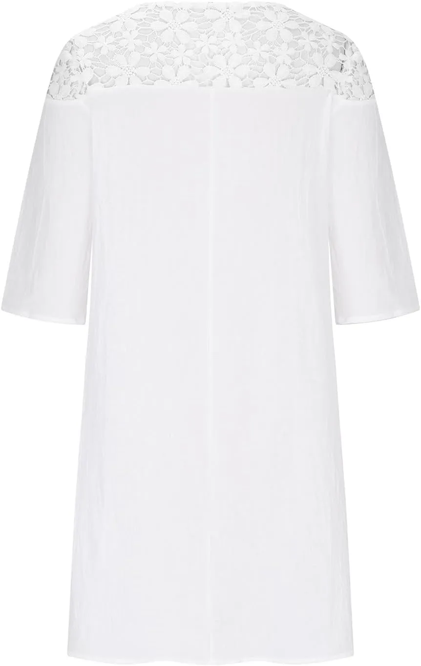 Cotton Linen Dresses for Womens 2024 Trendy Summer Casual Loose Short Sleeve Midi Dress Elegant Lace Beach Sundress