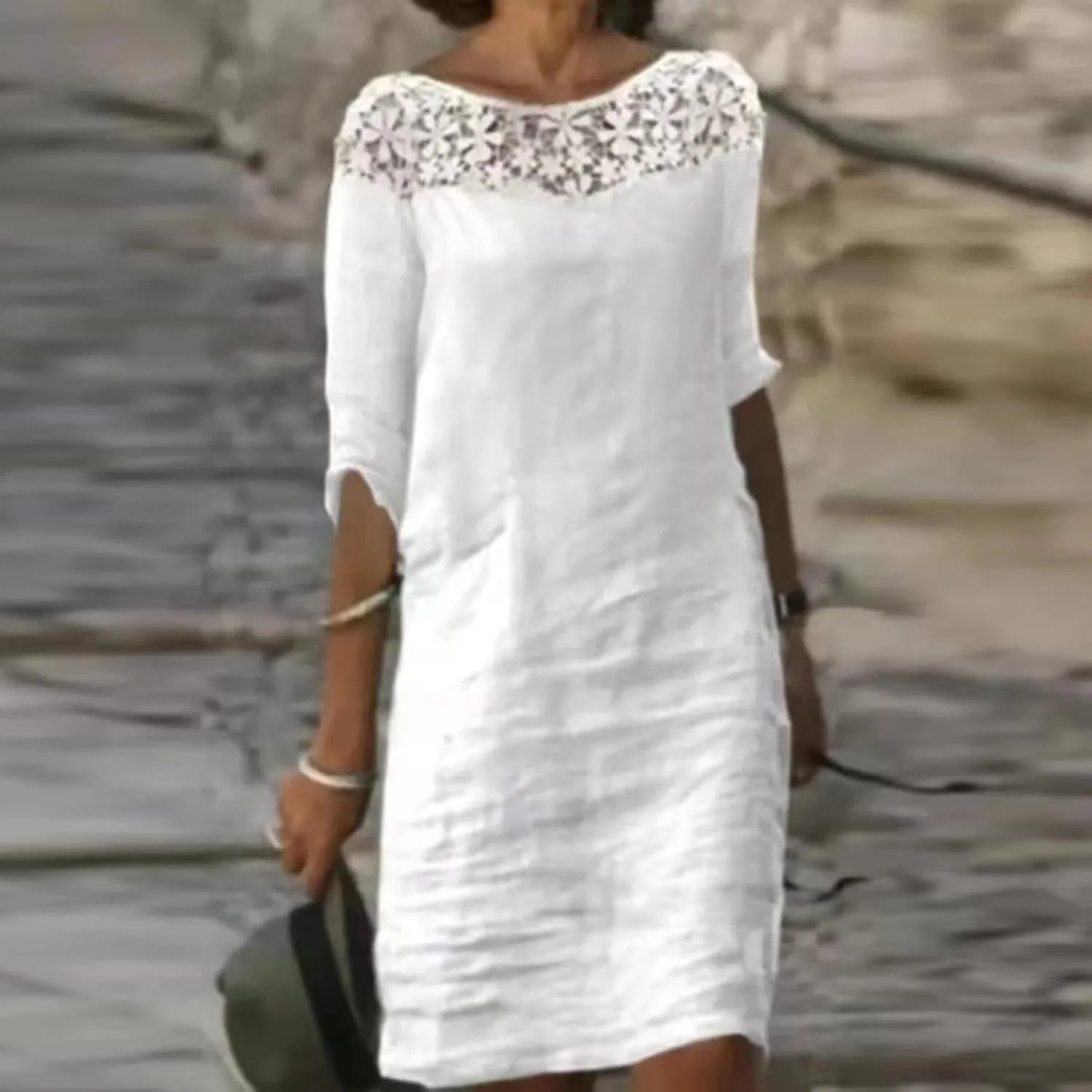 Cotton Linen Dresses for Womens 2024 Trendy Summer Casual Loose Short Sleeve Midi Dress Elegant Lace Beach Sundress