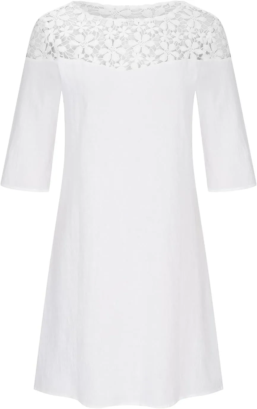 Cotton Linen Dresses for Womens 2024 Trendy Summer Casual Loose Short Sleeve Midi Dress Elegant Lace Beach Sundress