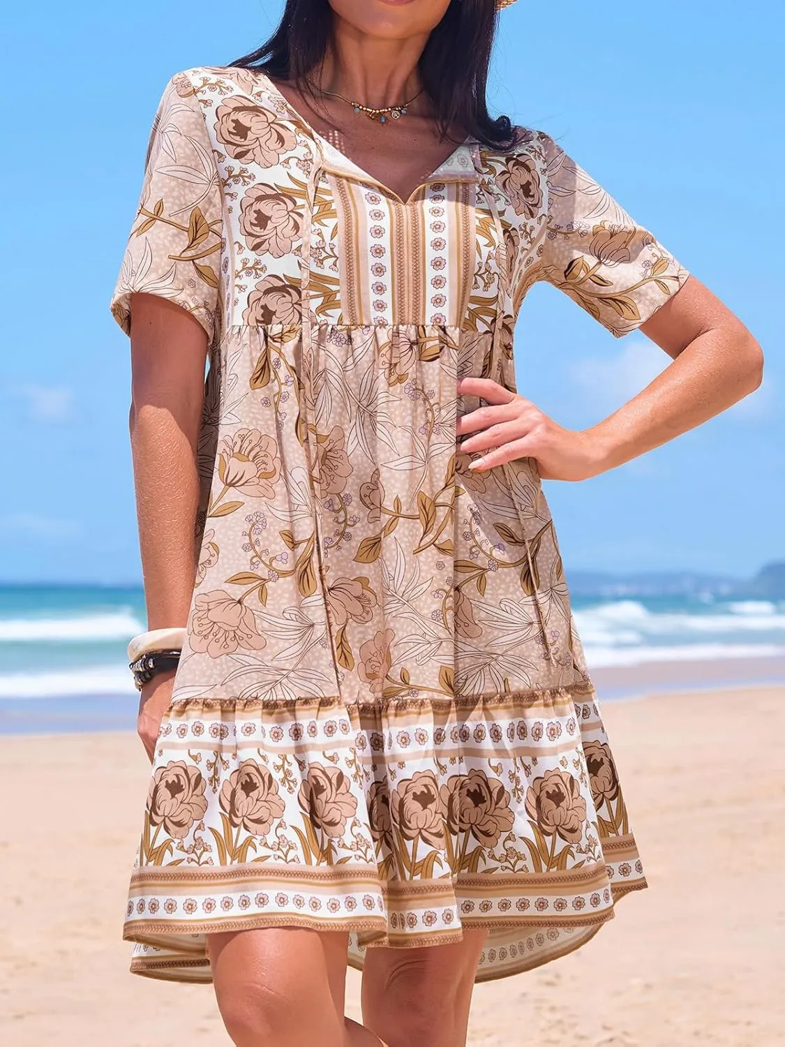 CUPSHE Women Floral Mini Summer Dress Ditsy V Neck Tie Puff Half Sleeve High Waist Smocked A Line Casual Beach Dresses