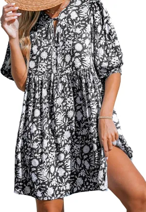 CUPSHE Women Floral Mini Summer Dress Ditsy V Neck Tie Puff Half Sleeve High Waist Smocked A Line Casual Beach Dresses