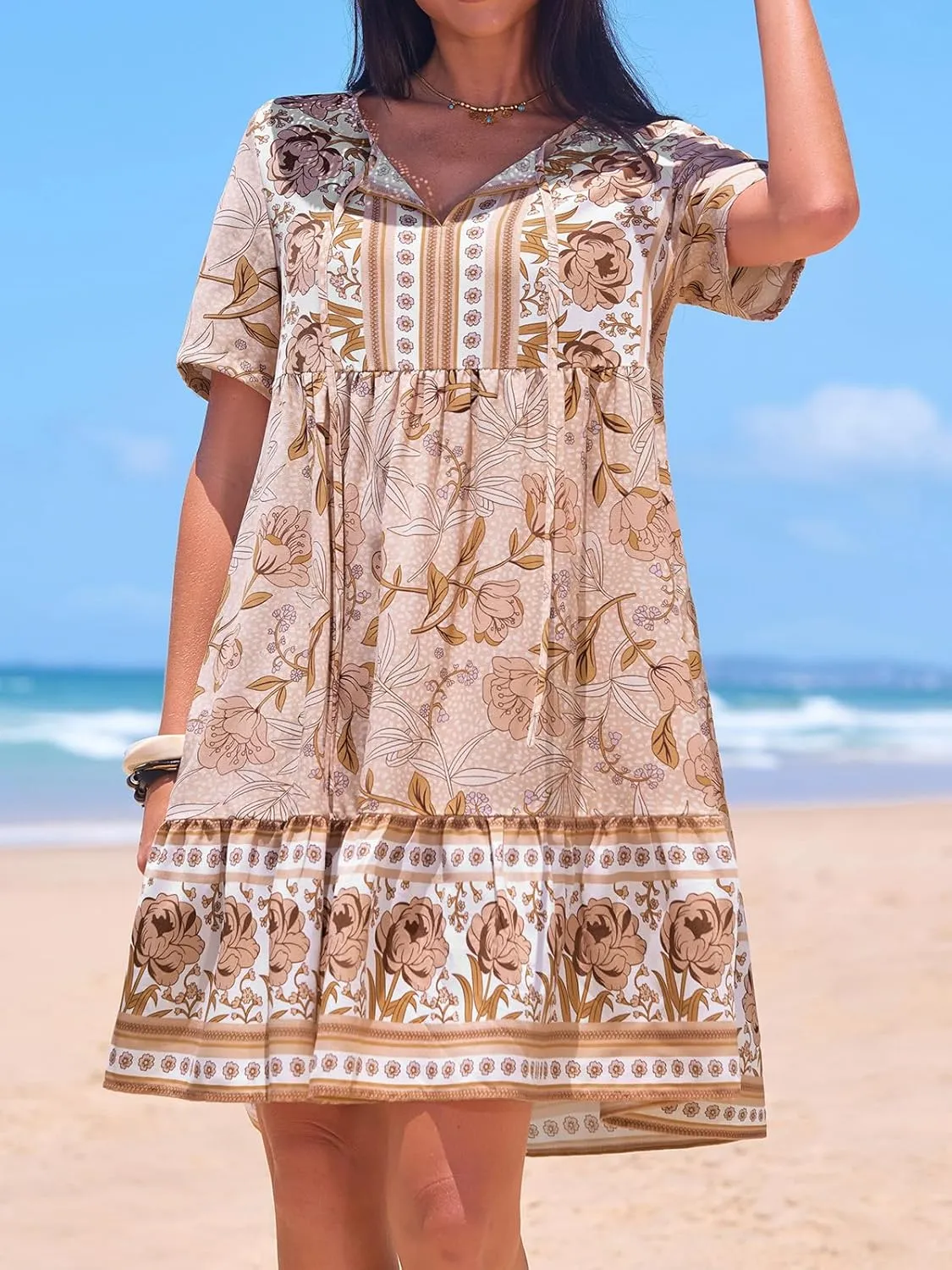 CUPSHE Women Floral Mini Summer Dress Ditsy V Neck Tie Puff Half Sleeve High Waist Smocked A Line Casual Beach Dresses