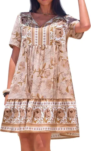 CUPSHE Women Floral Mini Summer Dress Ditsy V Neck Tie Puff Half Sleeve High Waist Smocked A Line Casual Beach Dresses