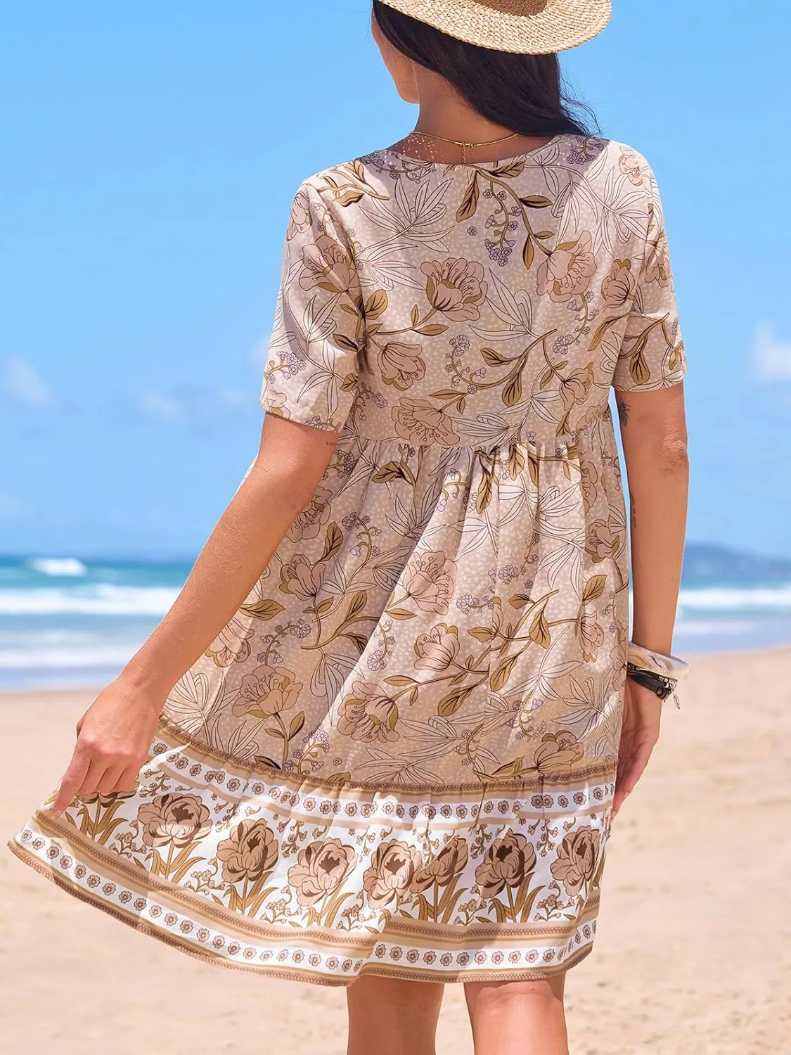 CUPSHE Women Floral Mini Summer Dress Ditsy V Neck Tie Puff Half Sleeve High Waist Smocked A Line Casual Beach Dresses