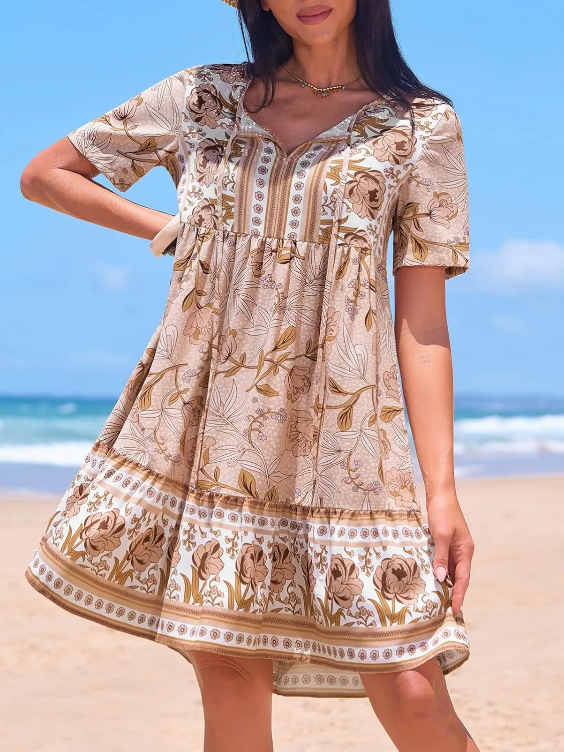 CUPSHE Women Floral Mini Summer Dress Ditsy V Neck Tie Puff Half Sleeve High Waist Smocked A Line Casual Beach Dresses