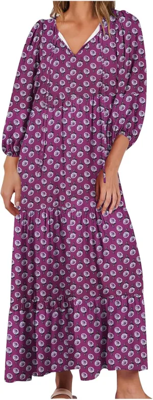Cute Beach Vacation Sundresses Women Trendy Casual Summer Half Sleee V -Neck Maxi Dress Boho Floral Flowy Dresses
