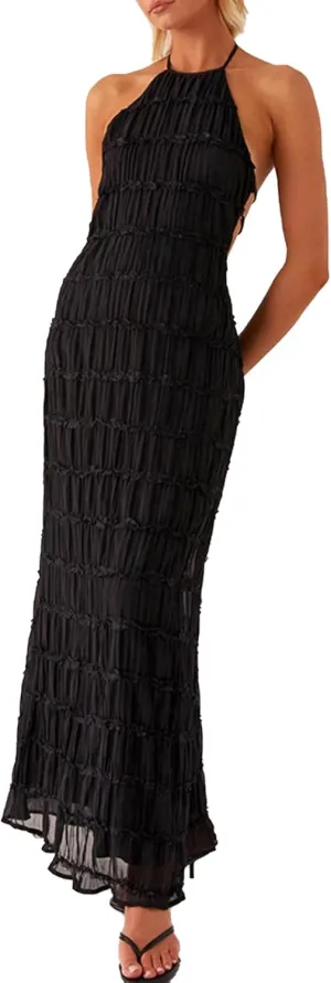 DINGANG Womens Summer Backless Smocked Maxi Dresses Spaghetti Strap Ruffle Tiered Flowy Beach Sundress