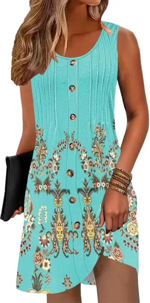 Disamer Summer Dresses for Women 2025 Beach Vacation Clothes Casual Dress Boho Spring Dresses Pleated Sleeveless Sundresses