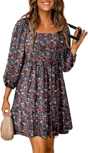 Dokotoo Spring Dresses for Women 2025 Boho Floral Square Neck Smocked 3/4 Sleeve Casual A-Line Swing Mini Dress Sundress