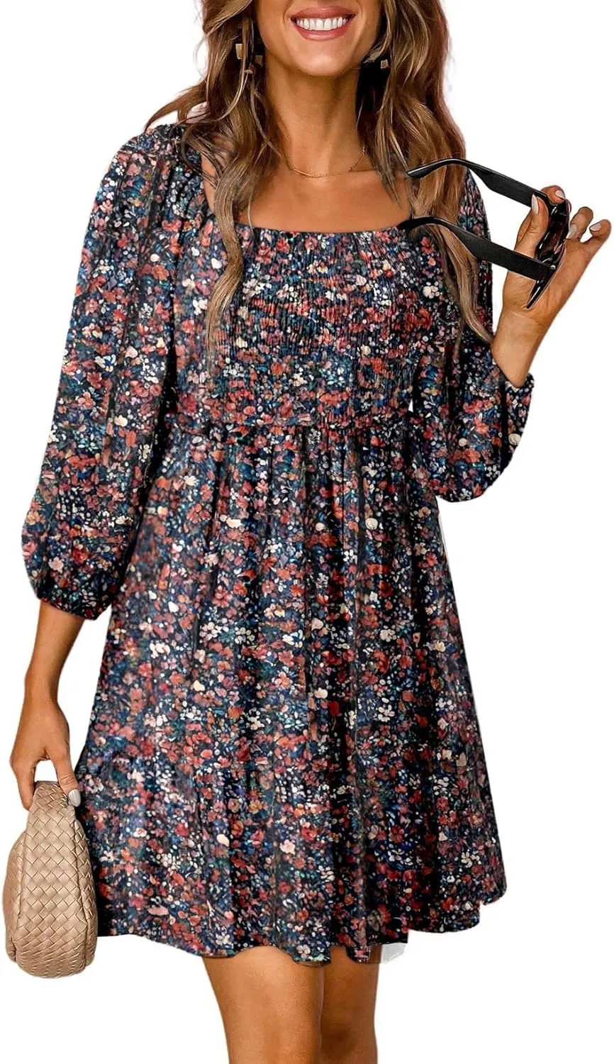 Dokotoo Spring Dresses for Women 2025 Boho Floral Square Neck Smocked 3/4 Sleeve Casual A-Line Swing Mini Dress Sundress