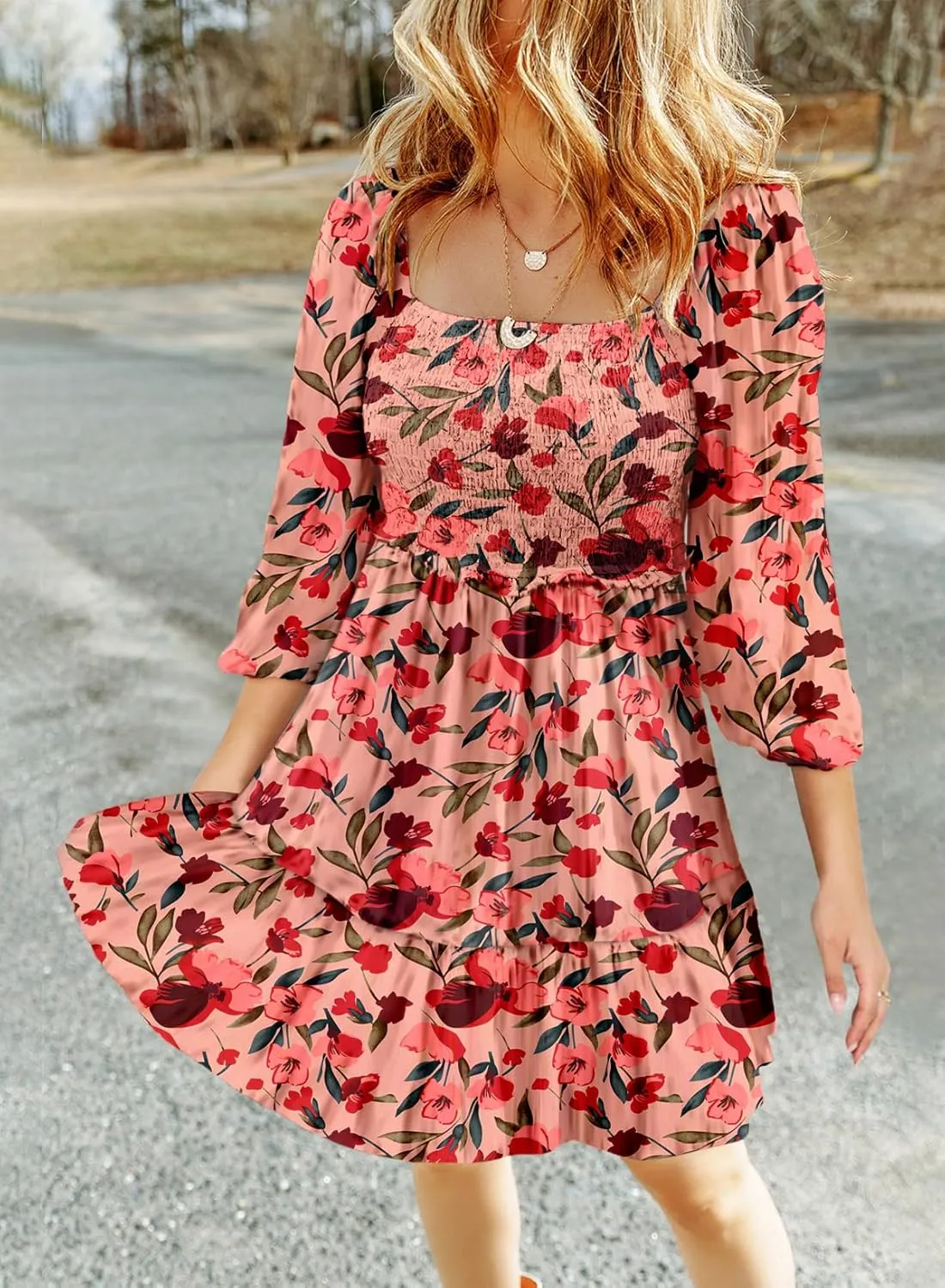 Dokotoo Spring Dresses for Women 2025 Boho Floral Square Neck Smocked 3/4 Sleeve Casual A-Line Swing Mini Dress Sundress