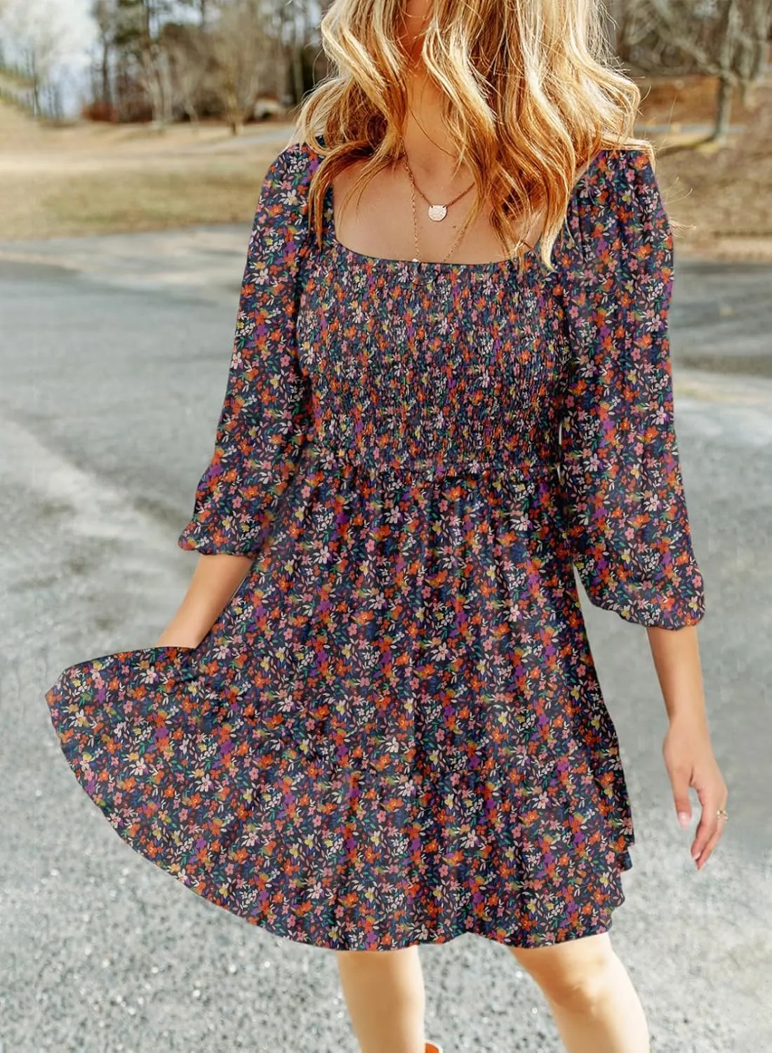 Dokotoo Spring Dresses for Women 2025 Boho Floral Square Neck Smocked 3/4 Sleeve Casual A-Line Swing Mini Dress Sundress