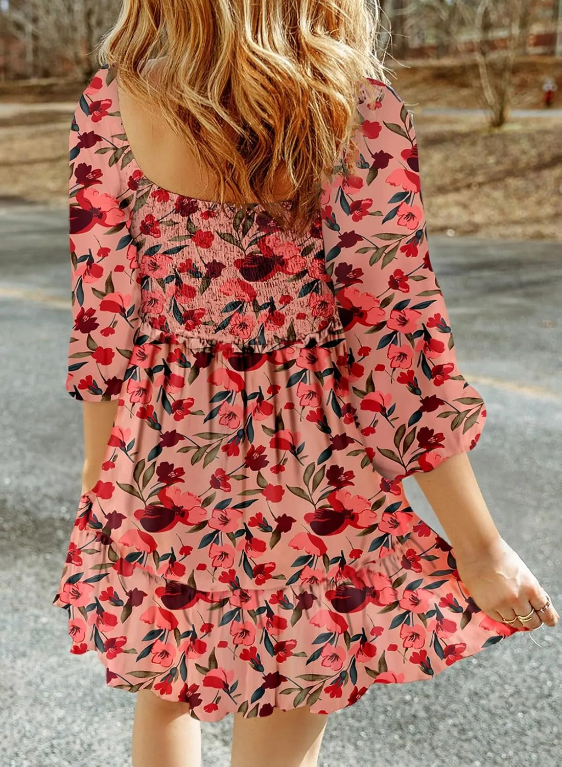 Dokotoo Spring Dresses for Women 2025 Boho Floral Square Neck Smocked 3/4 Sleeve Casual A-Line Swing Mini Dress Sundress