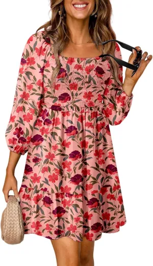 Dokotoo Spring Dresses for Women 2025 Boho Floral Square Neck Smocked 3/4 Sleeve Casual A-Line Swing Mini Dress Sundress