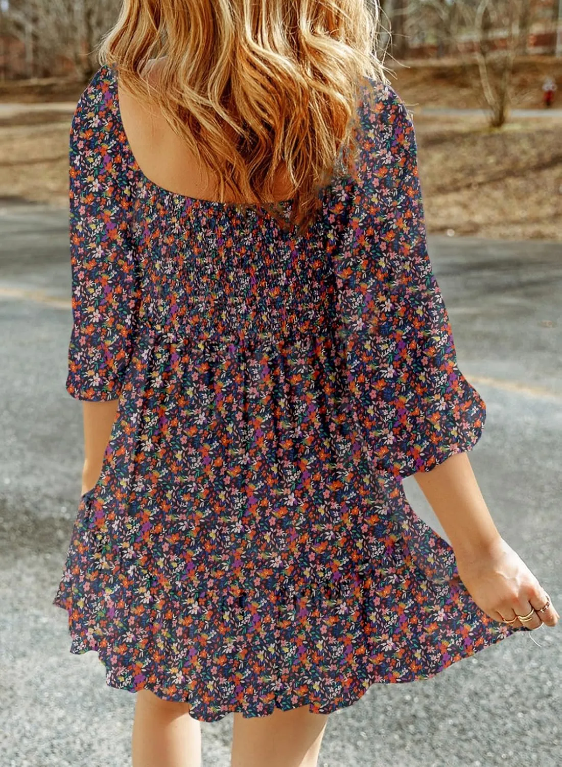 Dokotoo Spring Dresses for Women 2025 Boho Floral Square Neck Smocked 3/4 Sleeve Casual A-Line Swing Mini Dress Sundress