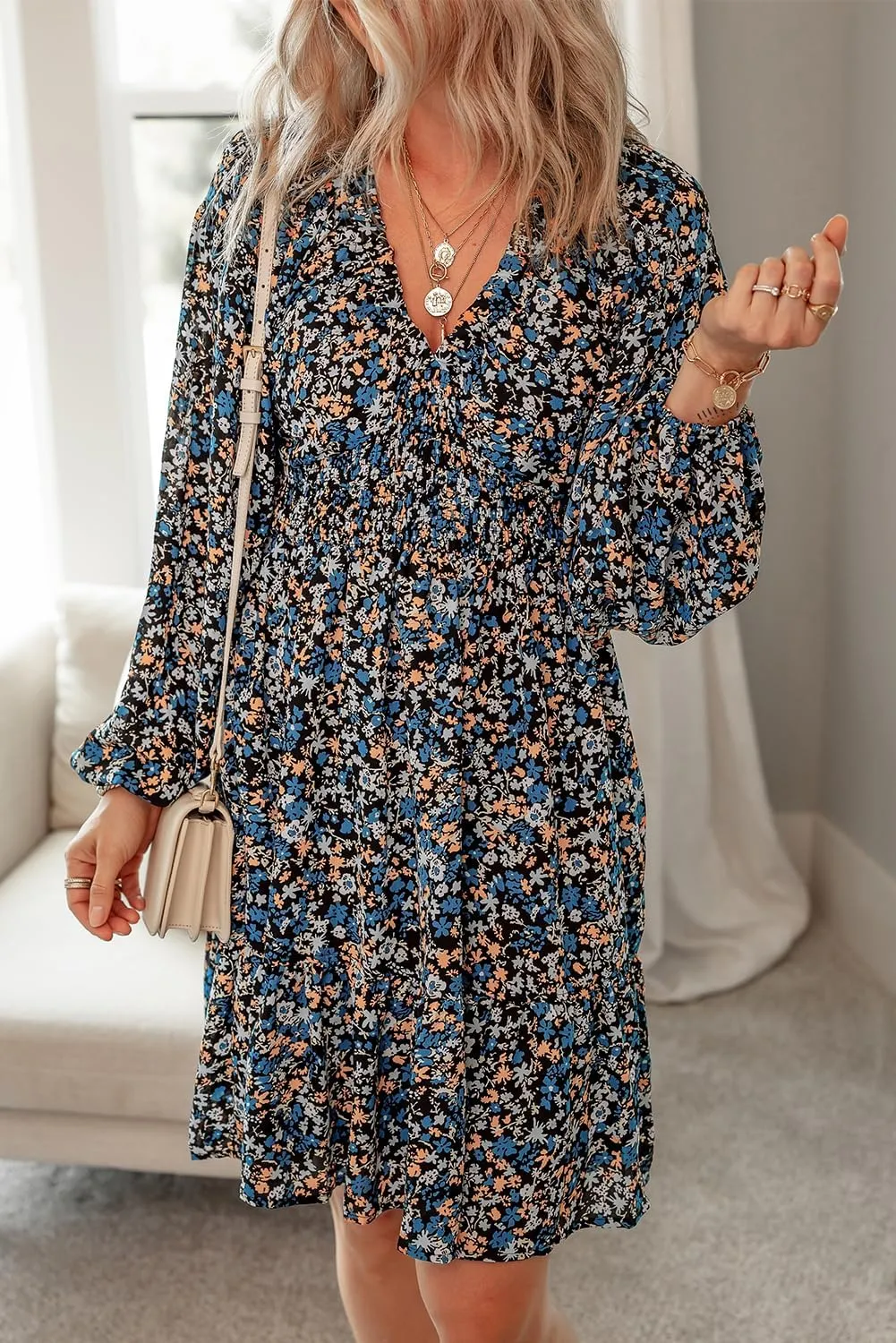 Dokotoo Womens Dresses 2025 Boho Floral V Neck Long Sleeve Smocked Elastic Waist Casual A-Line Swing Mini Dress Sundress