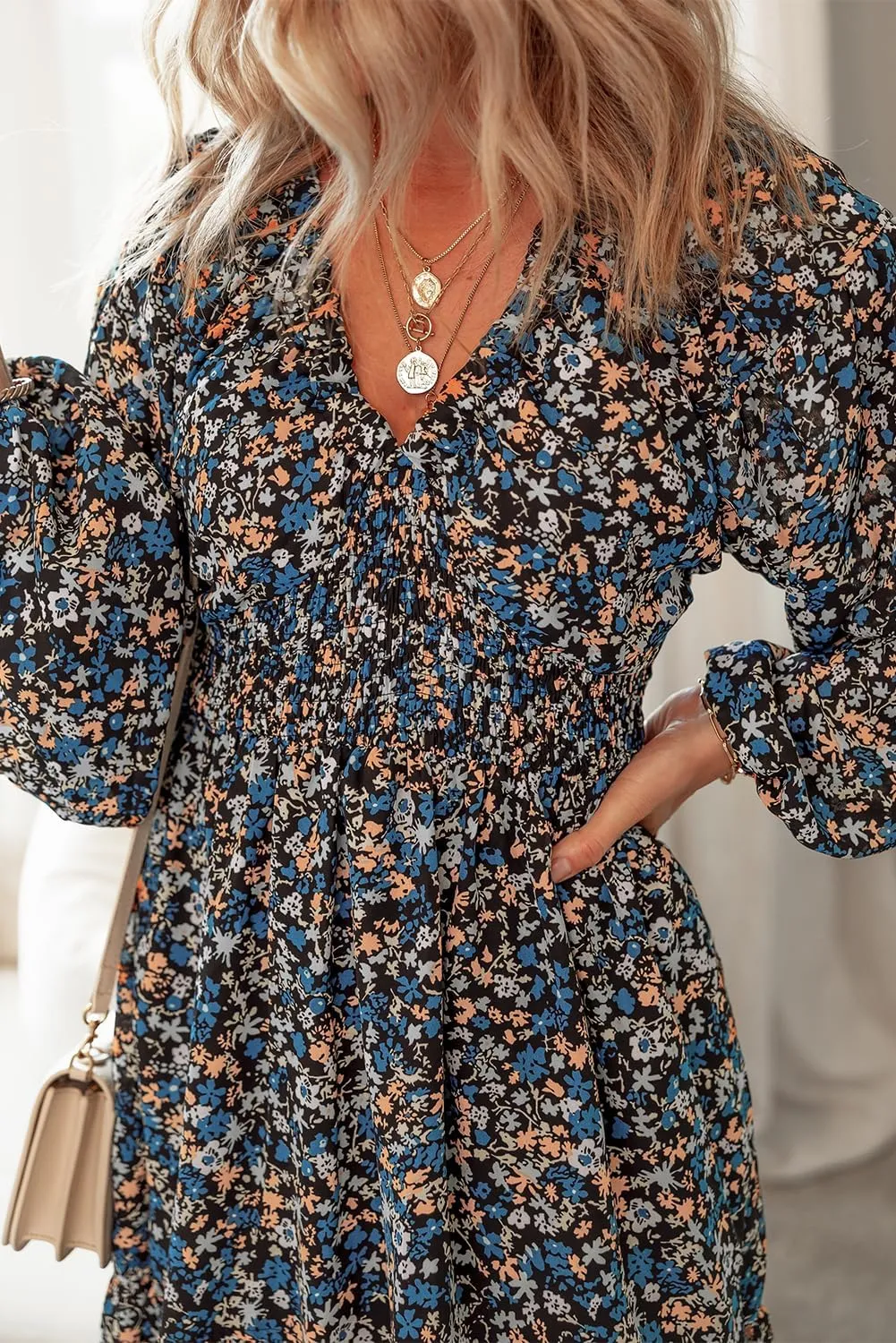 Dokotoo Womens Dresses 2025 Boho Floral V Neck Long Sleeve Smocked Elastic Waist Casual A-Line Swing Mini Dress Sundress