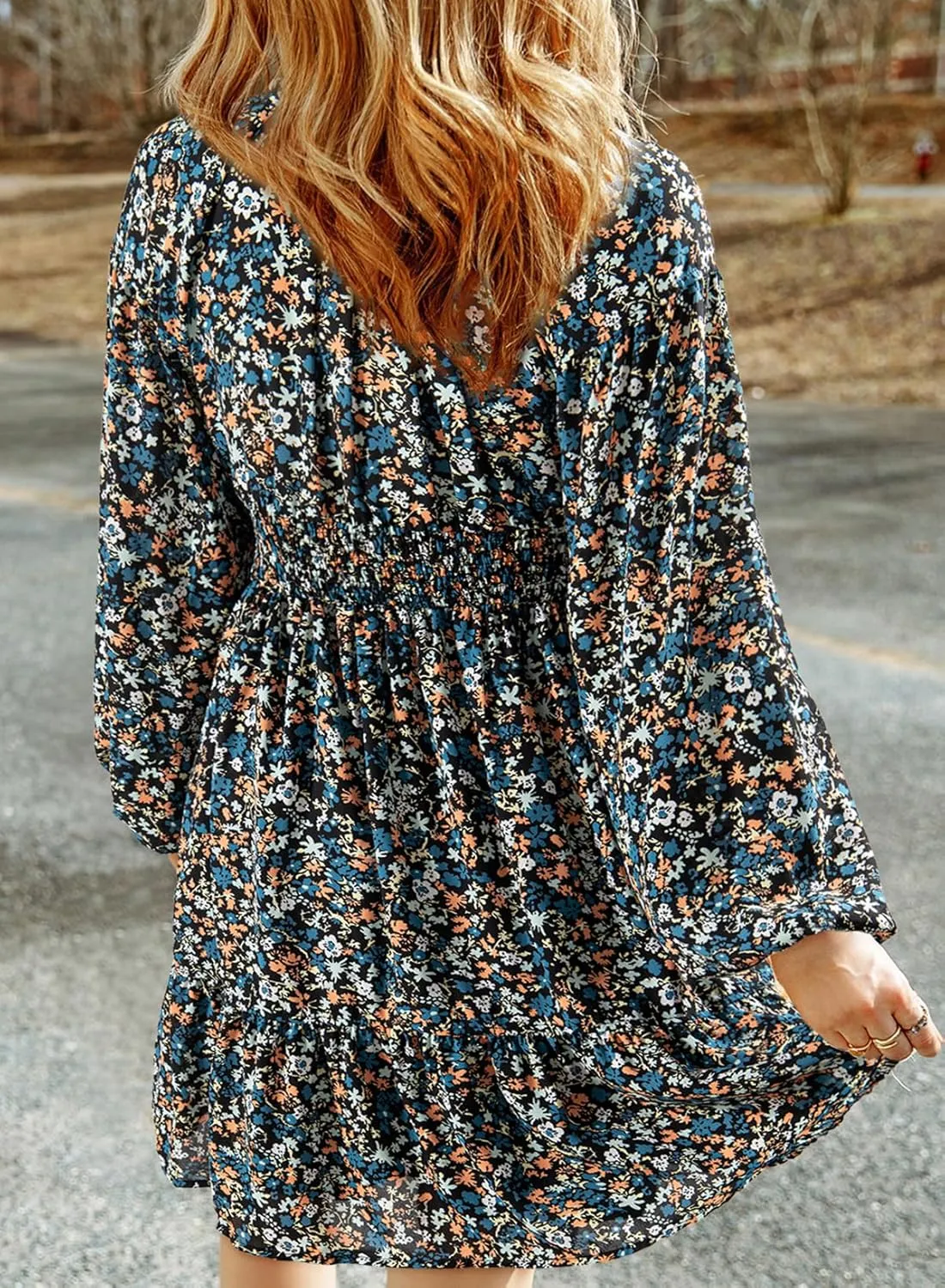 Dokotoo Womens Dresses 2025 Boho Floral V Neck Long Sleeve Smocked Elastic Waist Casual A-Line Swing Mini Dress Sundress
